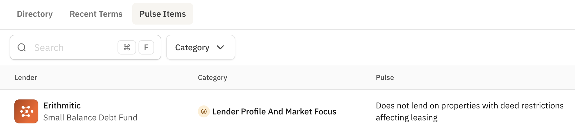 Pulse Items search interface